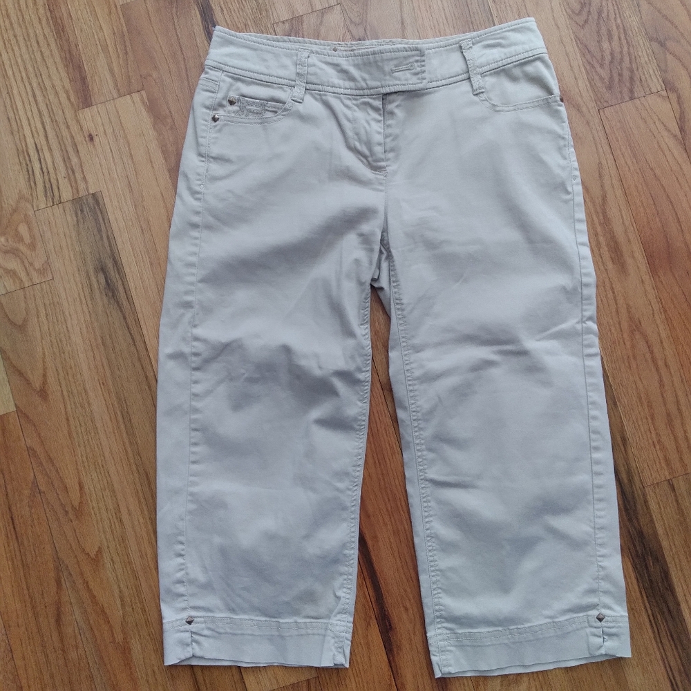 WHBM Sz2 Cream Khaki Capri Wideleg Embroidery Pants